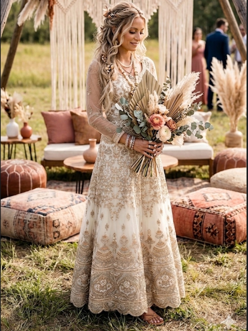 Bohemian Maxi Bridal Wedding Gown In Antique Gold & Ivory Tulle Size XS